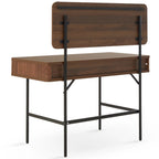 Wooden desk with black metal legs on a white background