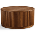 Wooden round table with ribbed texture on a white background