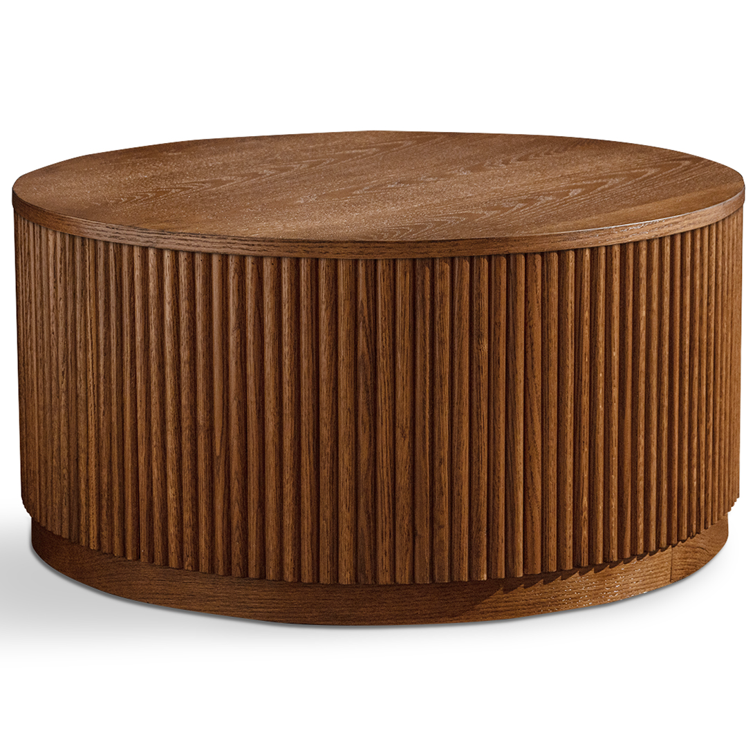 Wooden round table with ribbed texture on a white background