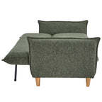 Green upholstered bed with wooden legs on a white background
