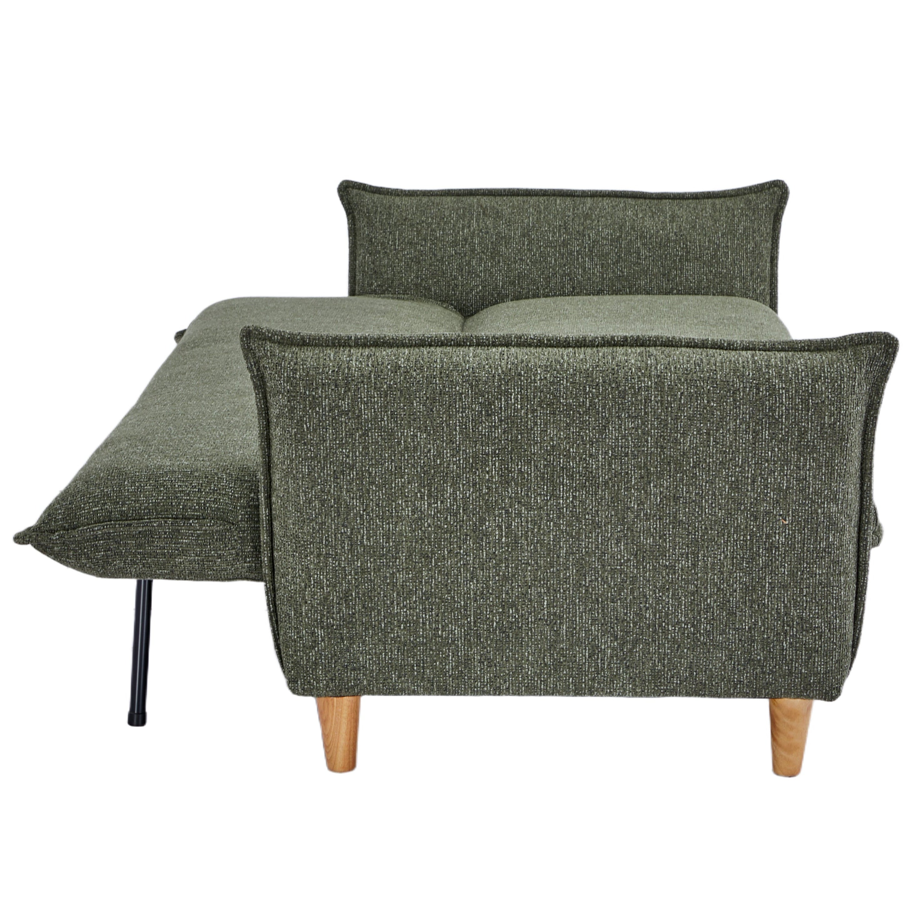 Green upholstered bed with wooden legs on a white background