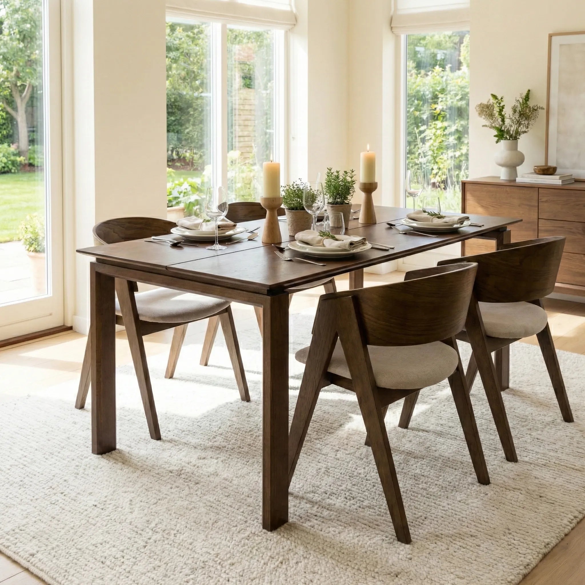 Dining room with a wooden table and chairs in a bright room with large windows.