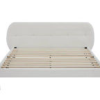 White bed frame with wooden slats on a white background