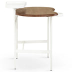Bar stool with wooden seat and white metal frame on a white background