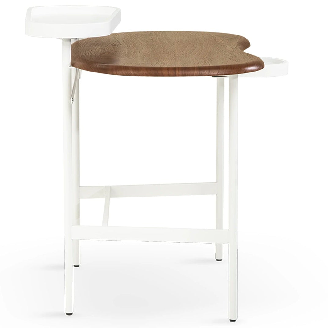 Bar stool with wooden seat and white metal frame on a white background
