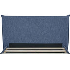 Blue upholstered headboard on a white background