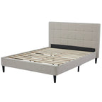 Beige upholstered bed frame with slatted bed base on a white background