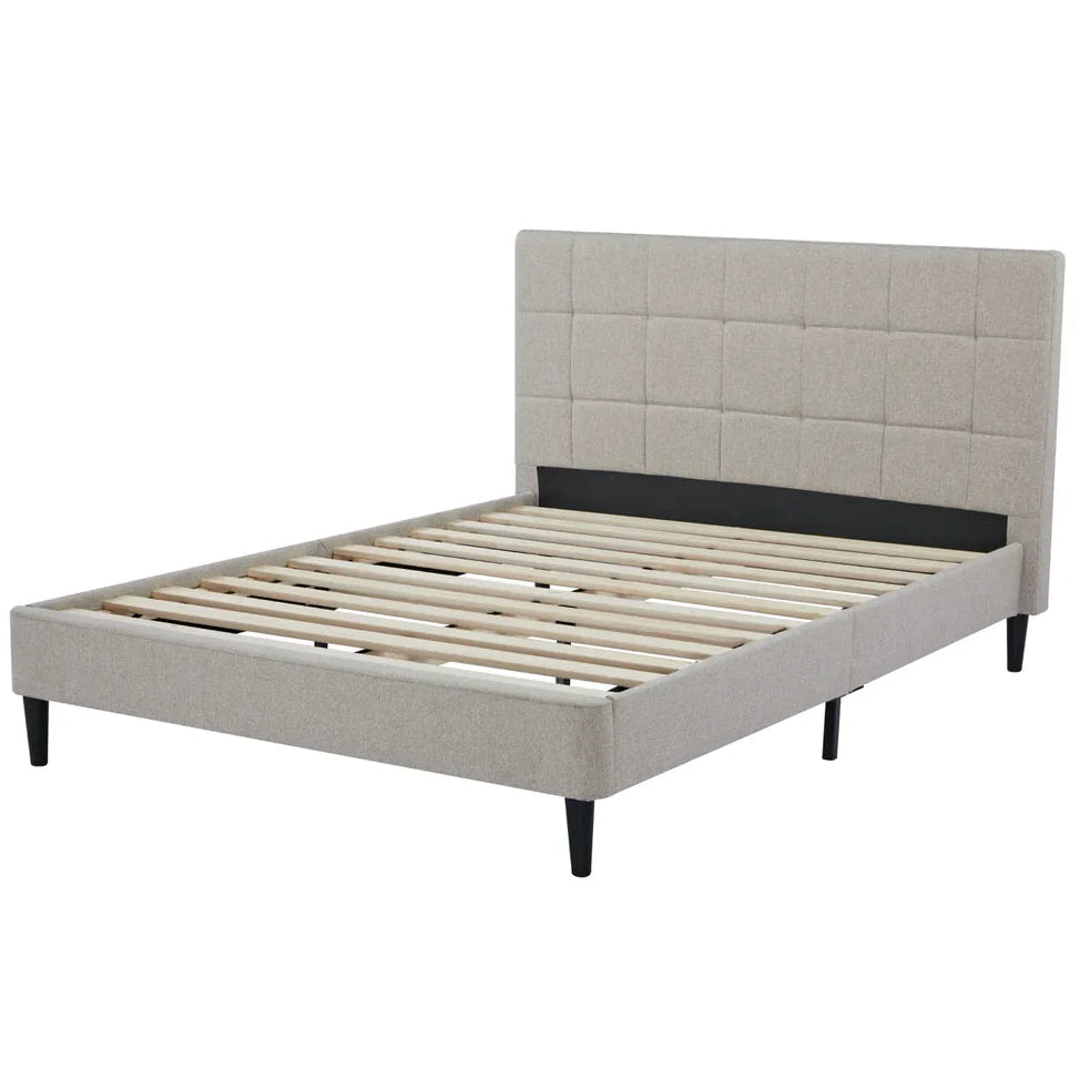 Beige upholstered bed frame with slatted bed base on a white background