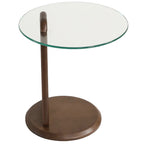 Glass-top side table with wooden base on a white background