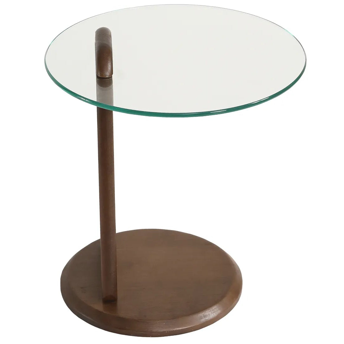 Glass-top side table with wooden base on a white background