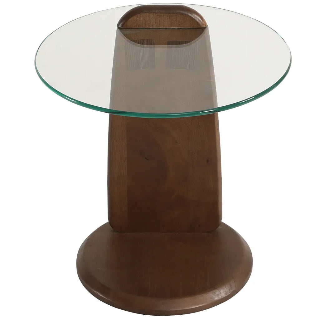 Glass-top side table with wooden base on a white background