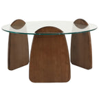 Glass-top table with wooden base on a white background