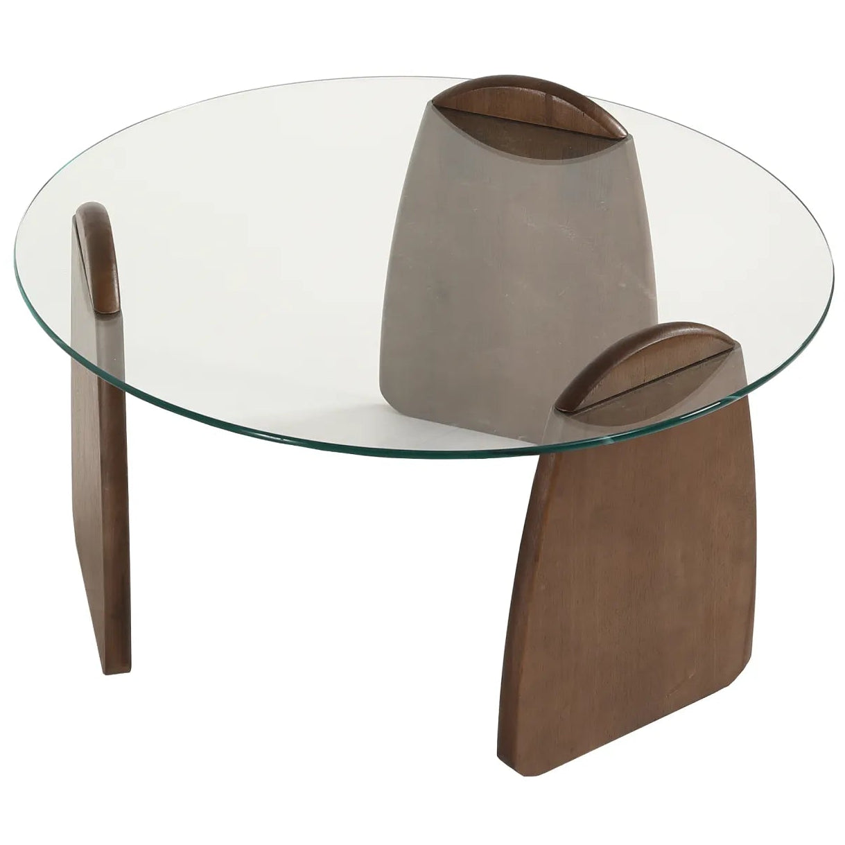 Glass-top coffee table with wooden legs on a white background