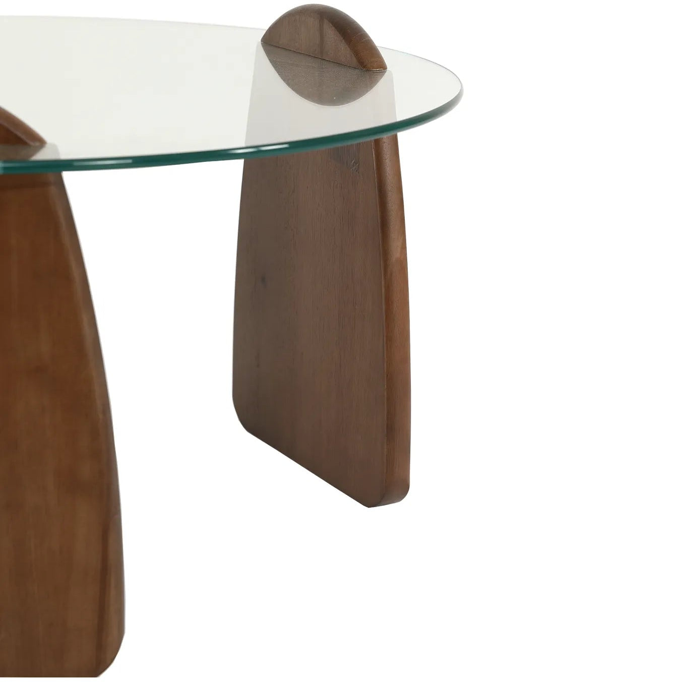 Glass-top table with wooden legs on a white background