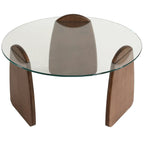 Glass coffee table with wooden legs on a white background