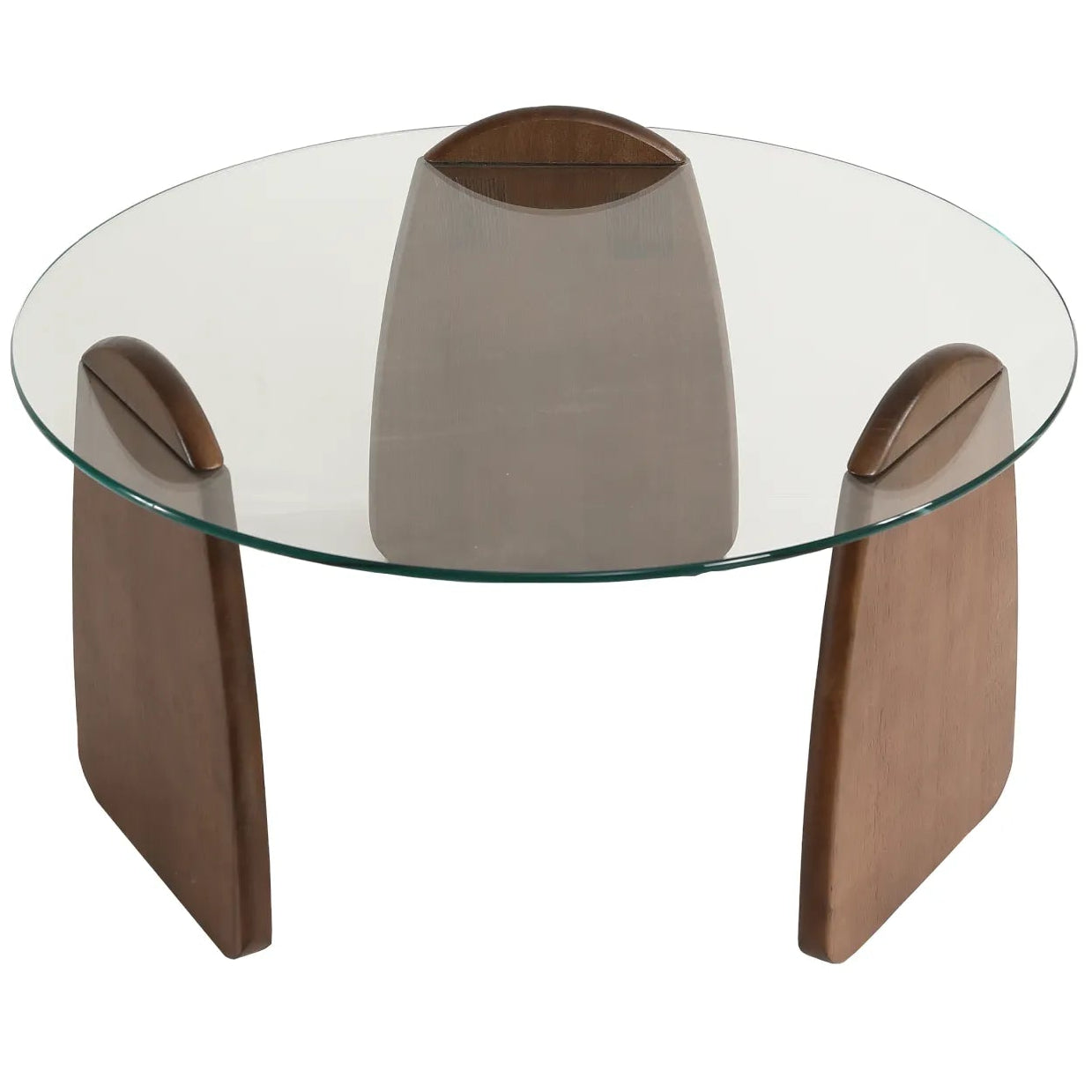 Glass coffee table with wooden legs on a white background