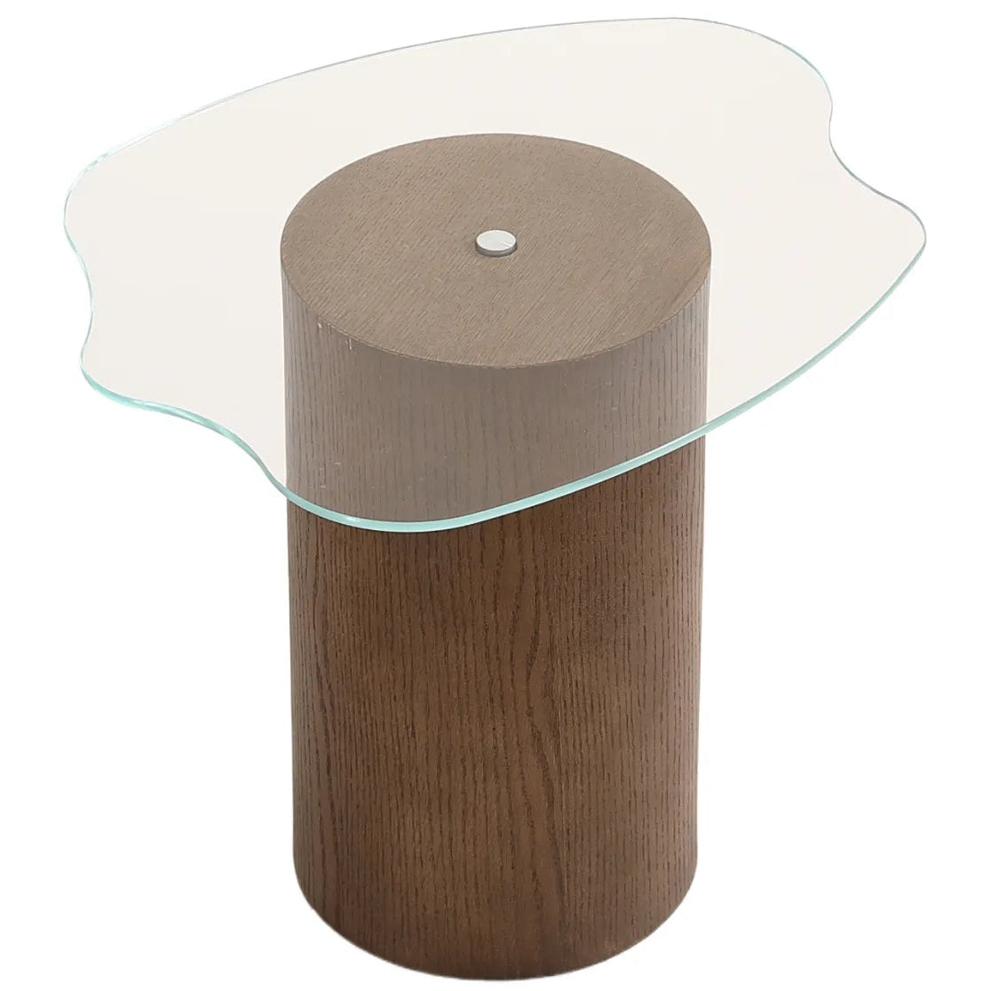 Modern side table with wooden base and glass top on a white background
