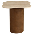 Round side table with a light wooden top and dark brown cylindrical base on a white background