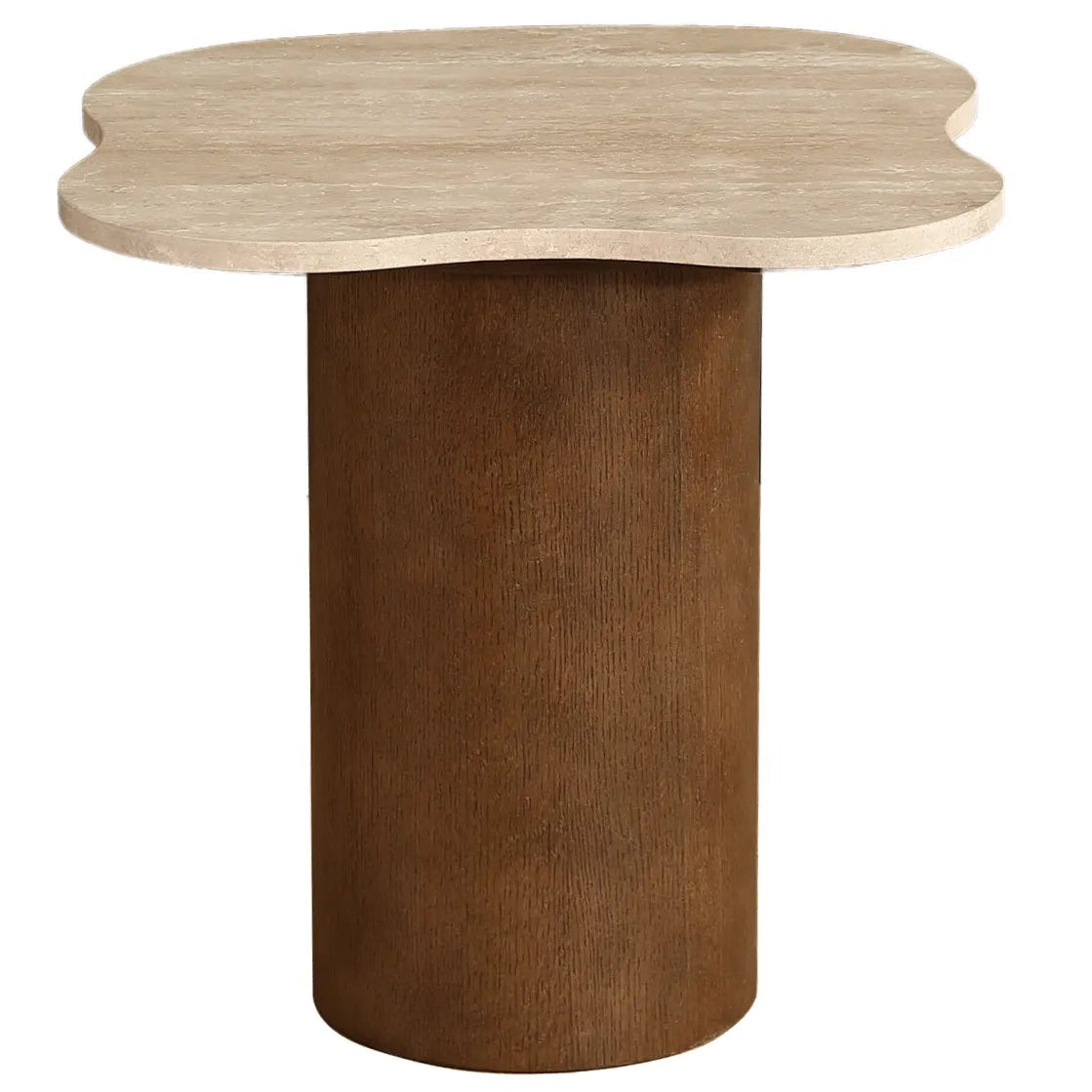 Round side table with a light wooden top and dark brown cylindrical base on a white background