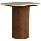 Wooden table with a hexagonal top and cylindrical base on a white background