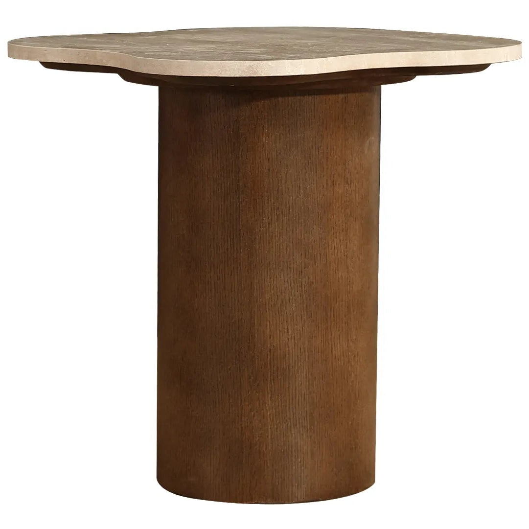 Wooden table with a hexagonal top and cylindrical base on a white background