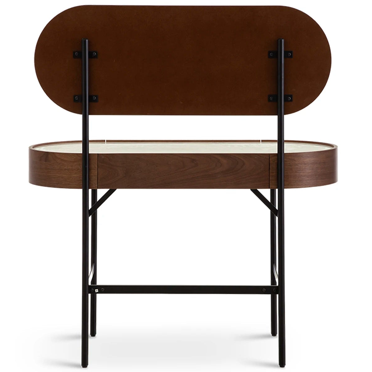 Wooden desk with curved top and metal legs on a white background
