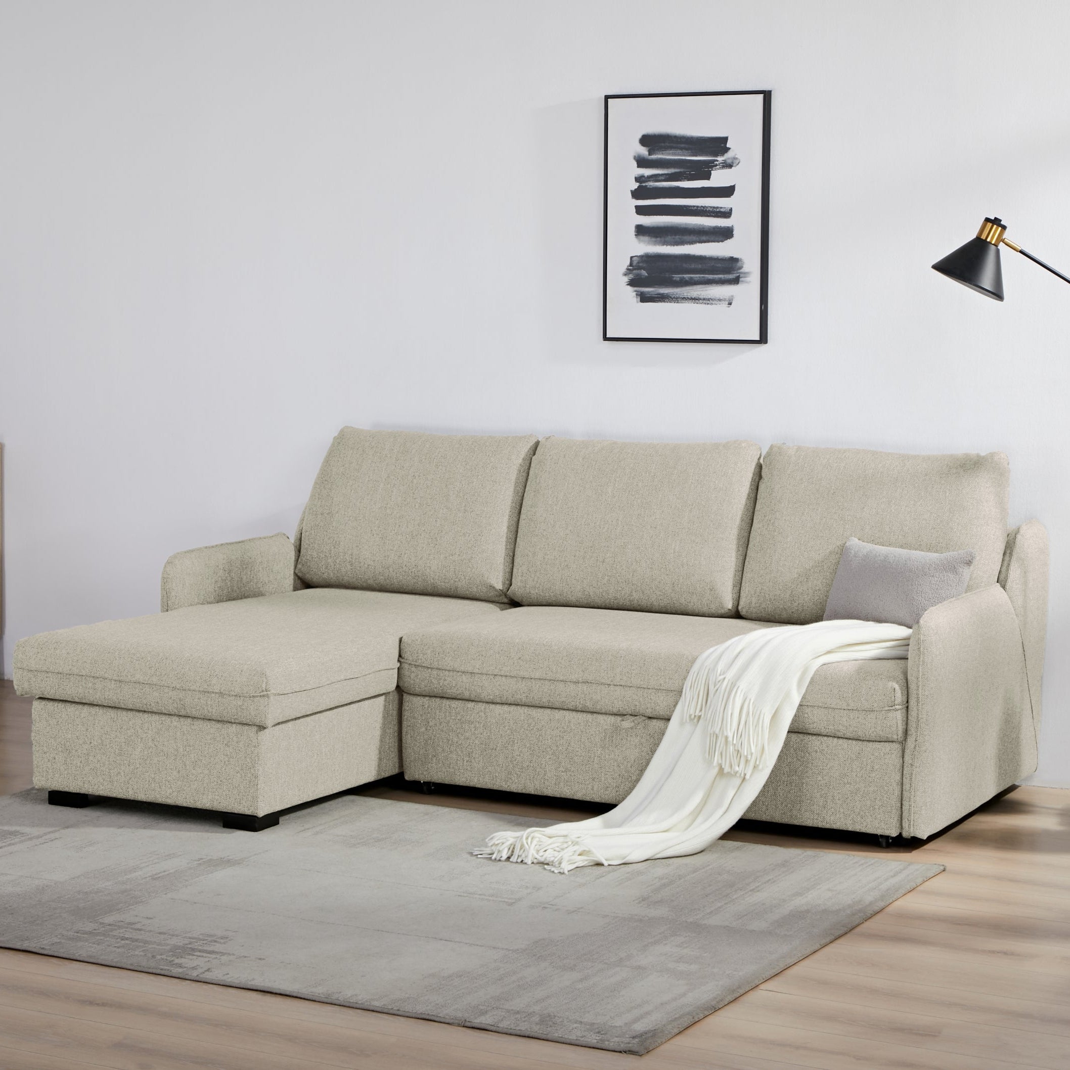 Movra Corner Sofa Bed (Storage) – 3 Seater | Cream