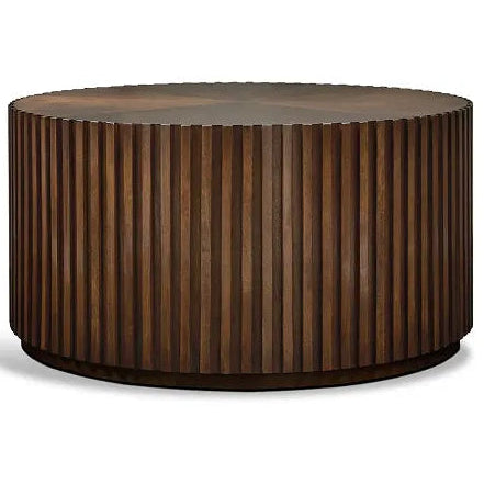 Round wooden table with ribbed texture on a white background