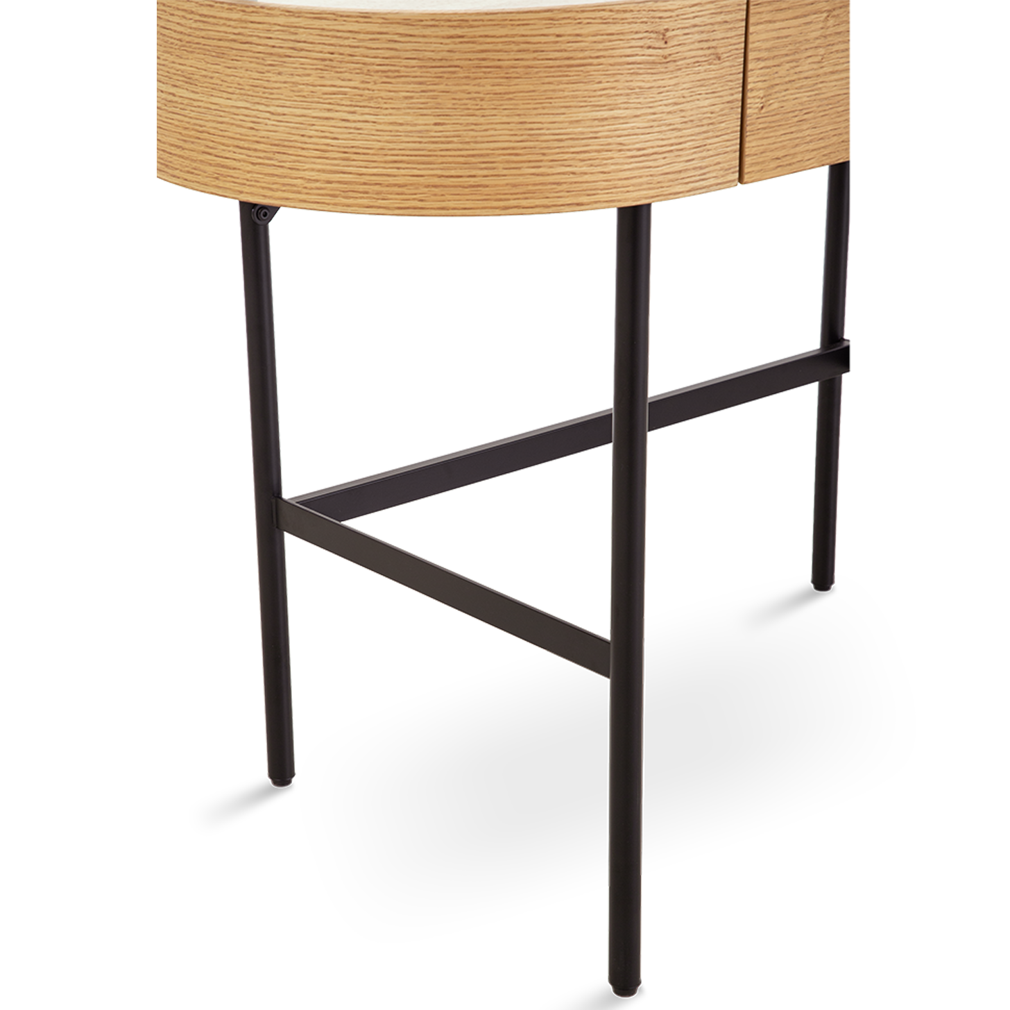 Bar stool with woven seat and black metal legs on a white background