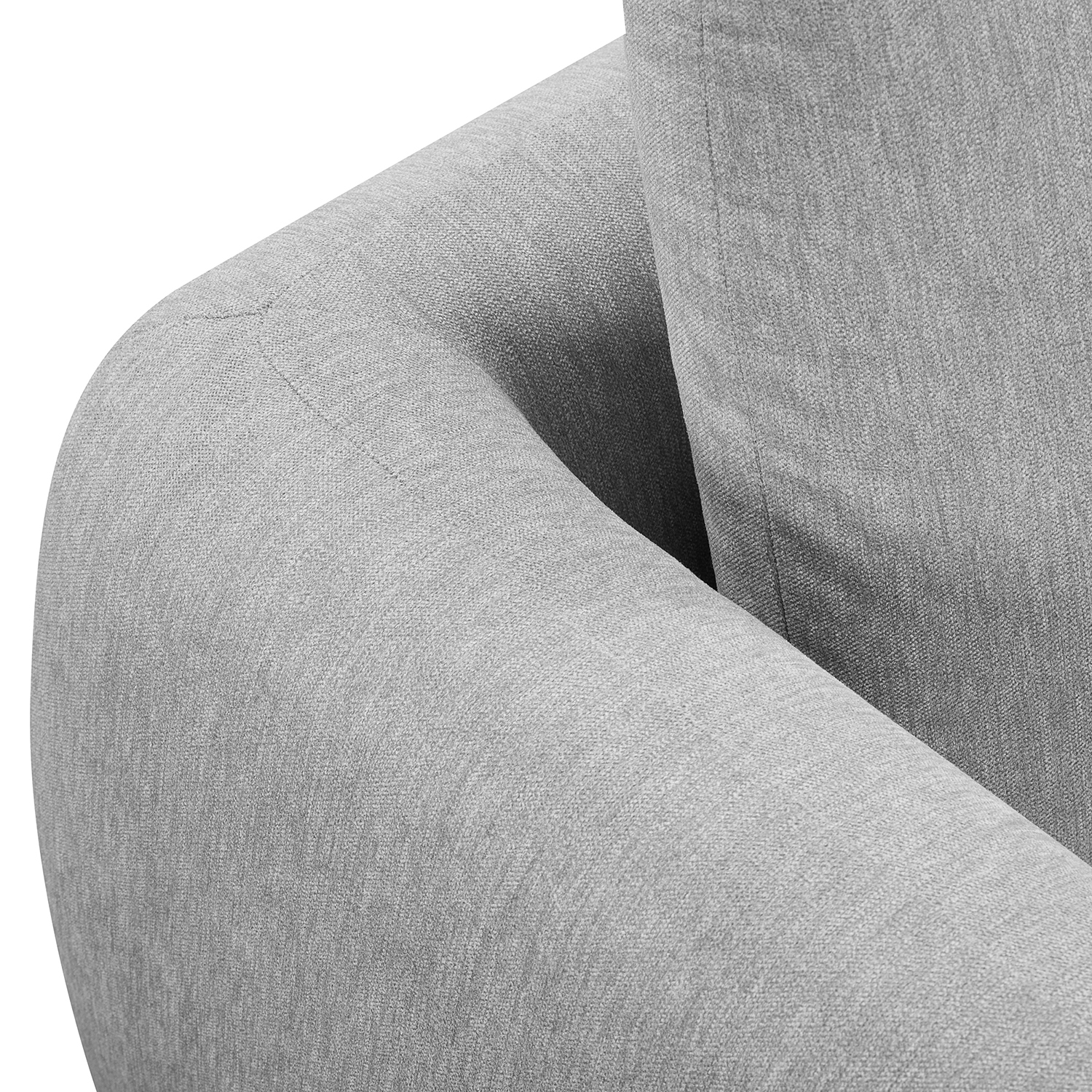 Close-up of a gray upholstered chair armrest on a white background
