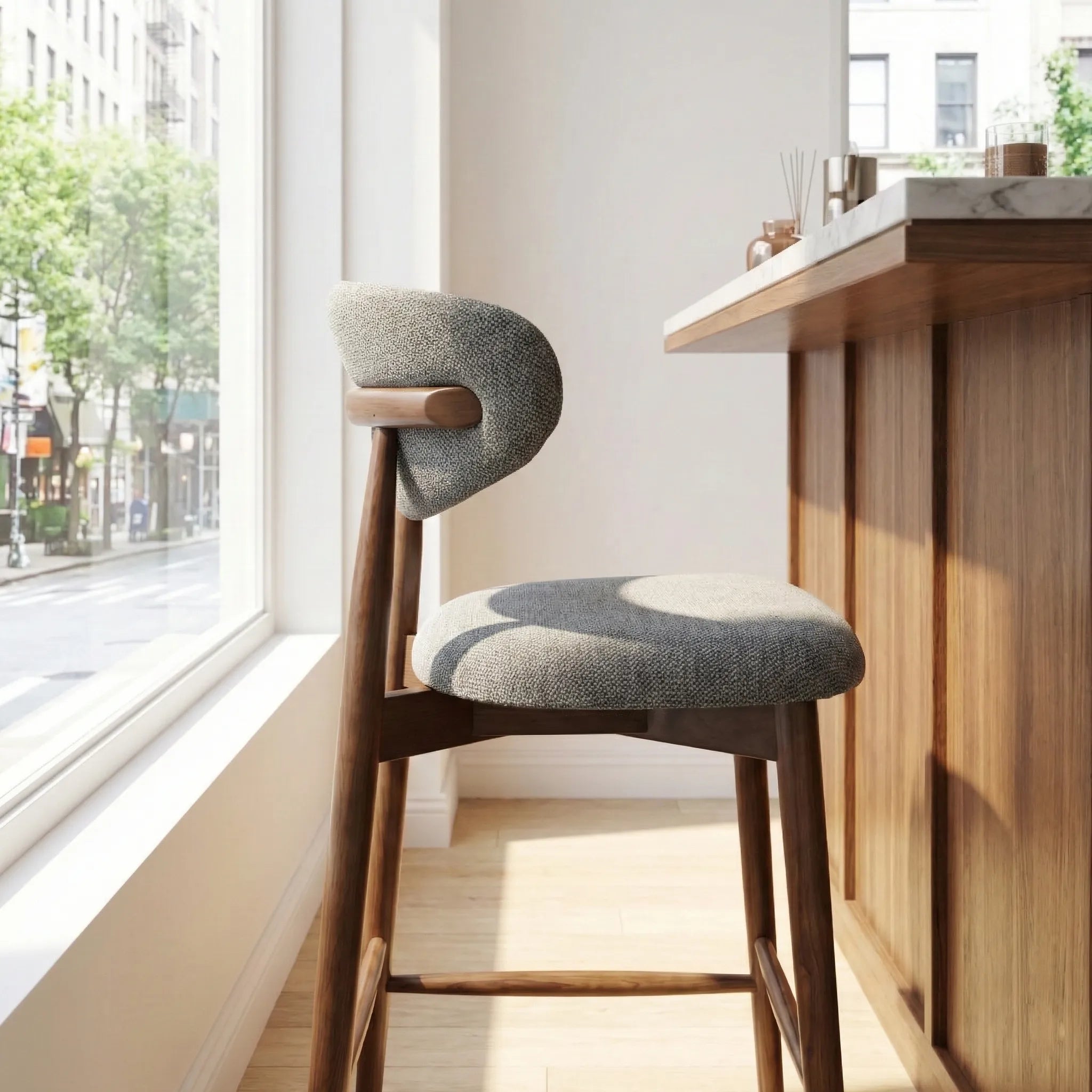 Wisby Bar Stool – Grey Fabric | Walnut Finish